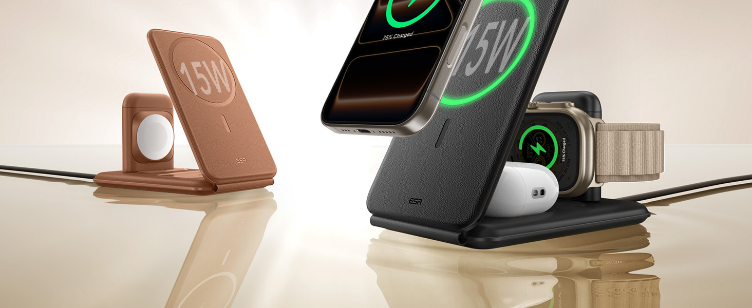 Зарядний станція 3-в-1 ESR для Apple Watch та iPhone з MagSafe, чорна (15W)