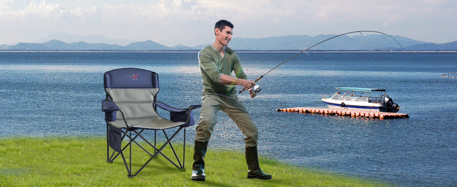 Крісло для кемпінгу складне RELAX FIELD 200KG з підстаканником та сумкою-холодильником, блакитне