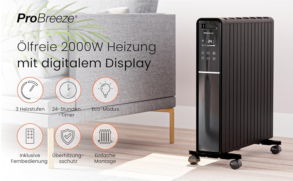 Електричний радіатор Pro Breeze 2000W з таймером, пультом дистанційного керування та термостатом | Економія енергії, 3 режими нагріву, без оливи, чорний