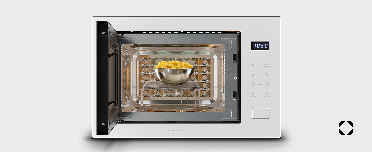 Вбудована мікрохвильова піч Klarstein Velaire 60 см з грилем – 25L, 850W, 8 програм, сенсорне управління, нержавіюча сталь, таймер, білий колір