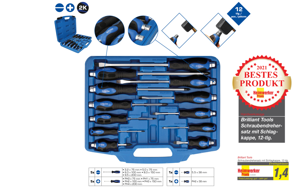 Набір ударних викруток BRILLIANT TOOLS BT034012, 12 шт, з ковпачком для ударів [KS TOOLS]