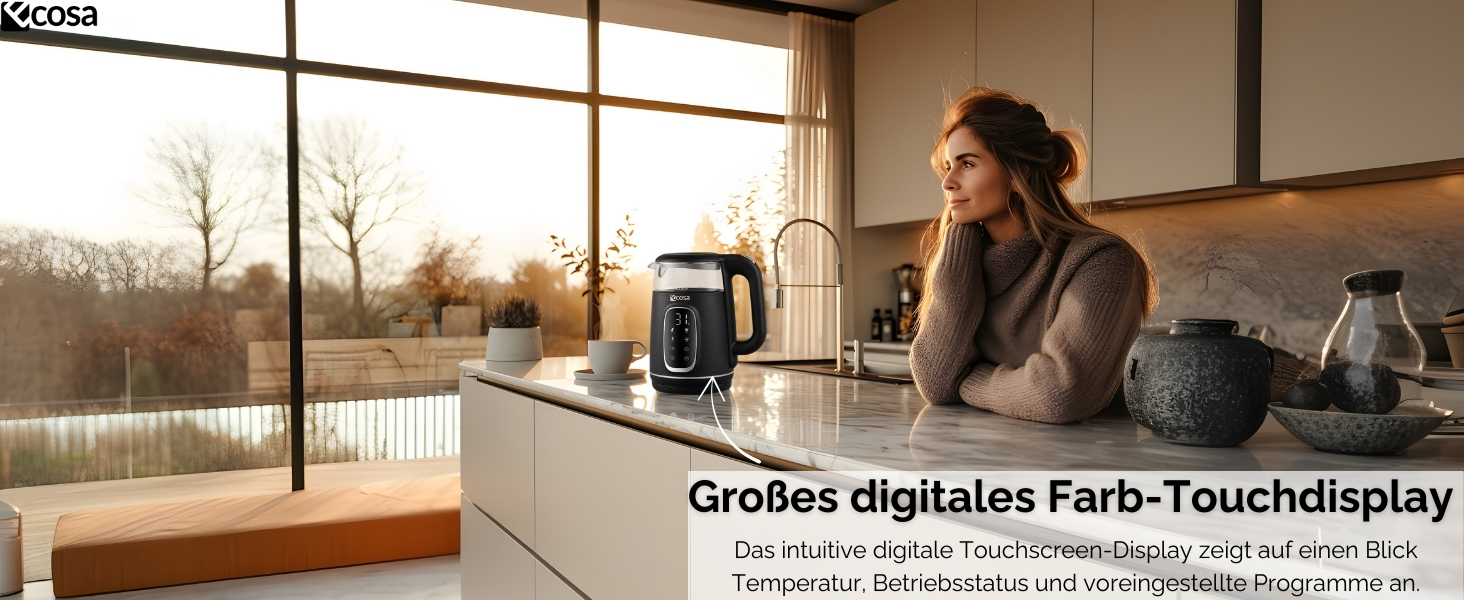 Електрочайник Ecosa® зі скляною колбою та регулюванням температури, 1,7 л, 2200 Вт, не містить BPA, з підігрівом та LED-підсвічуванням (Black Pearl)