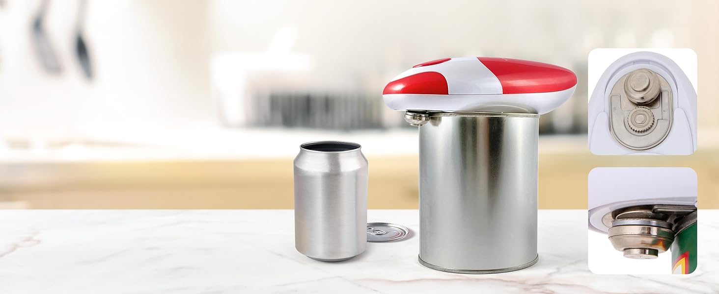 Електричний консервний ніж Kitchen Mama Auto 2.0, автоматичний, батарейковий, нержавіюча сталь, гладкий зріз, для всіх банок, червоний