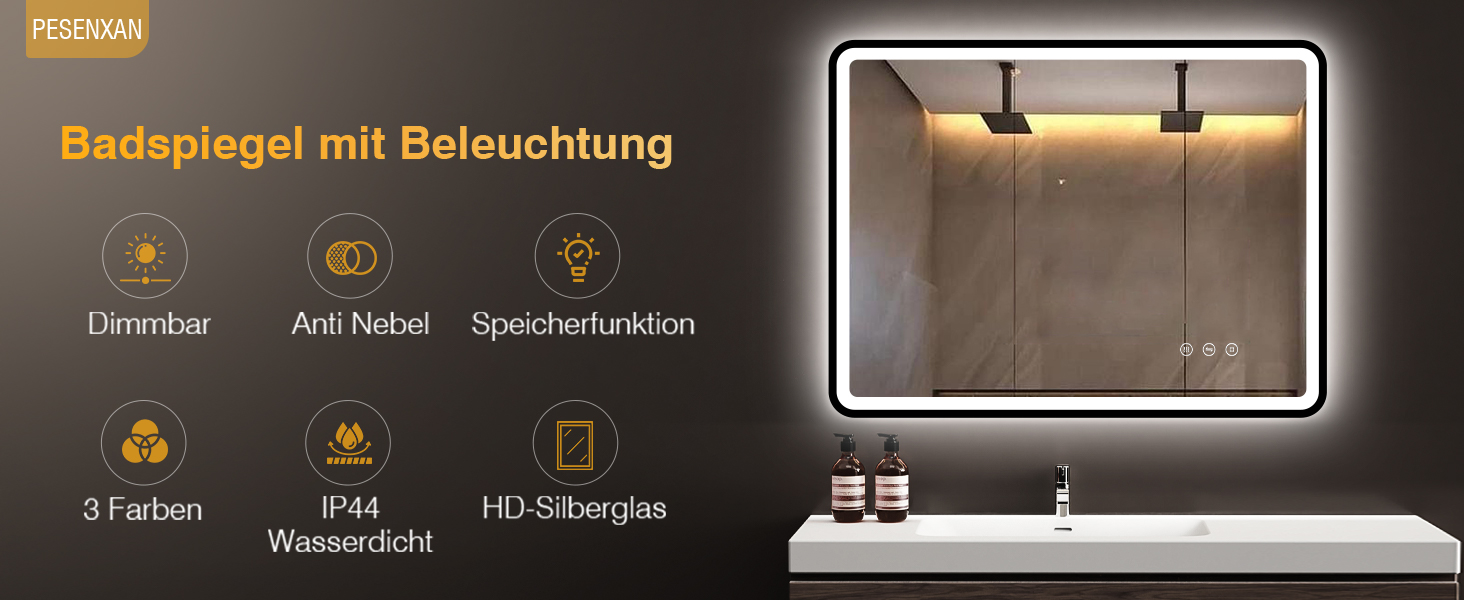 Дзеркало для ванної кімнати з підсвічуванням 80x60 см, 3 кольори, регульована яскравість, антизапар, 3x збільшення, розетка для гоління, IP44, для горизонтального/вертикального монтажу