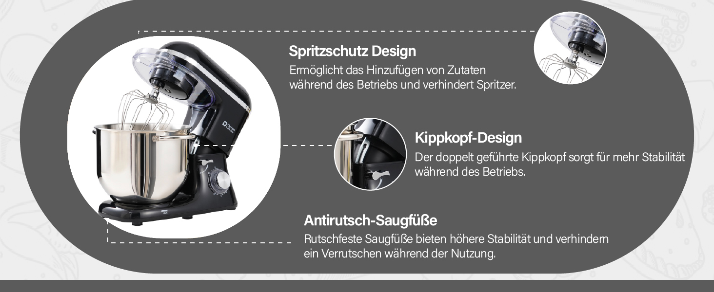 Кухонна машина Küchenmaschine 6.2 л, 1400 Вт, 6 швидкостей, з набором насадок (чорний)