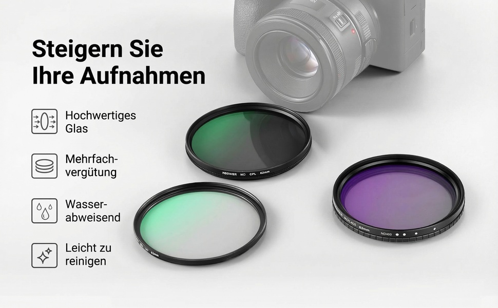 Набір фільтрів для об'єктива NEEWER 62мм: змінний ND2-400, CPL поляризаційний та UV захисний фільтри, багатошарове покриття, з чохлом та кришками