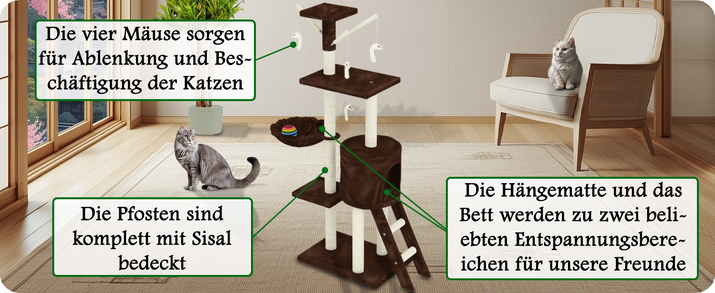 Дерев'яний кігтеточка для котів Beltom® Kratzbaum, 140 см - ігровий комплекс для котів, колір: коричневий