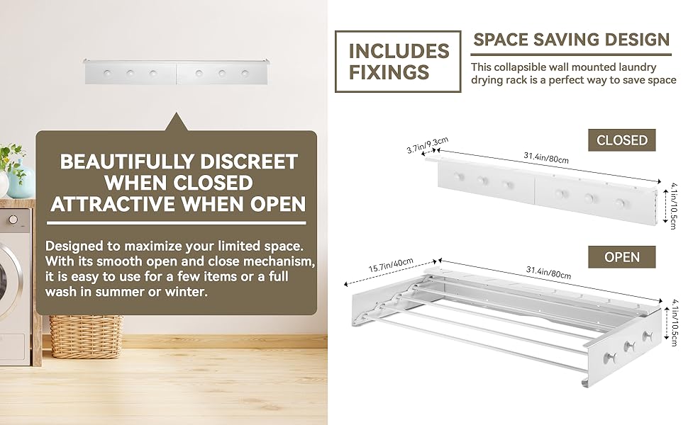 Настінна сушилка для білизни Donken, 80 см, розширювана, для ванної, балкону, тераси, біла