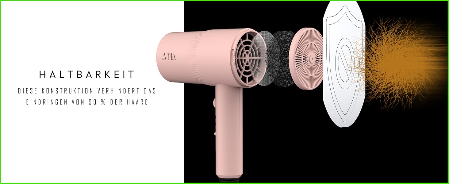 Фен AINA з дифузором для волосся | Іон-технологія, керамічне покриття, холодний струмінь | Швидке сушіння та блиск | 230v~, Baby Rosa