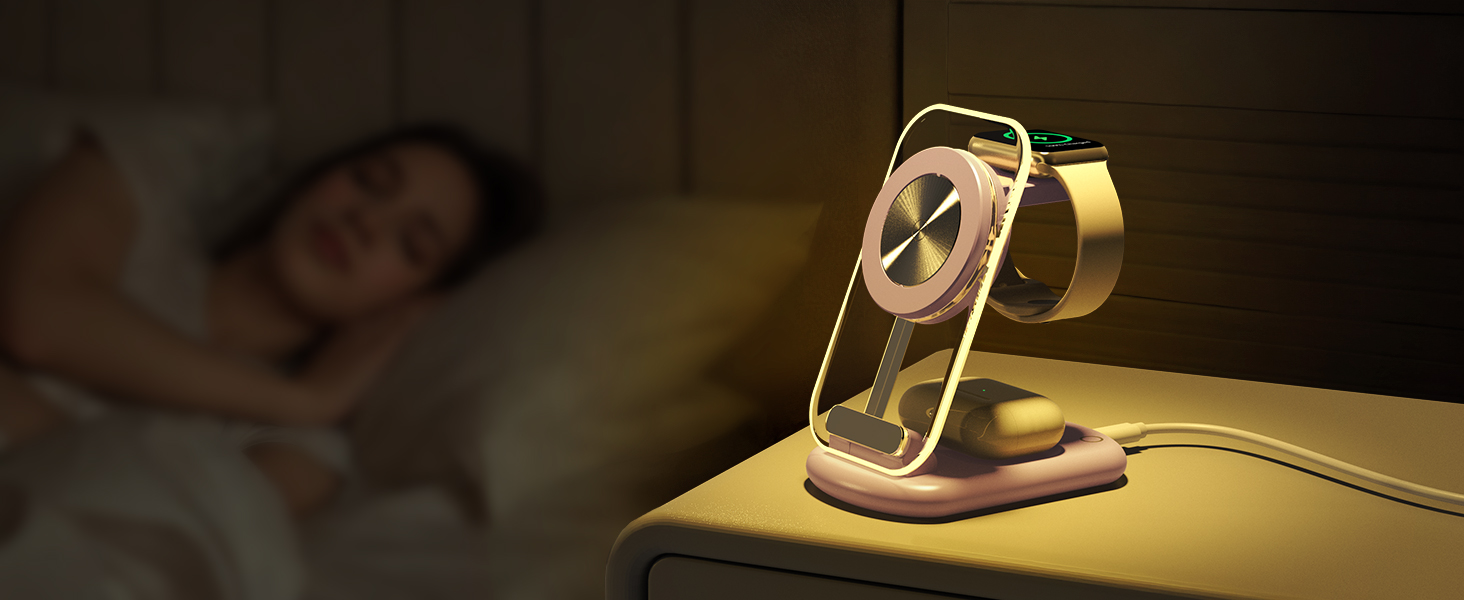 Зарядний пристрій MagSafe 3-в-1 для Apple Watch та iPhone: фіолетовий колір. Підходить для iPhone 17, 16, 15, 14, 13, 12 Pro Max/Air/Plus/Pro та Apple Watch 10/9, Airpods 3/2/Pro