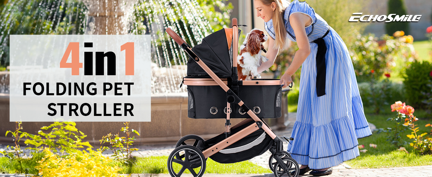 Візок для собак EchoSmile до 20 кг, 4-в-1, чорний. Складаний, з колесами, сітковими віконцями. Підходить для собак та котів середніх розмірів