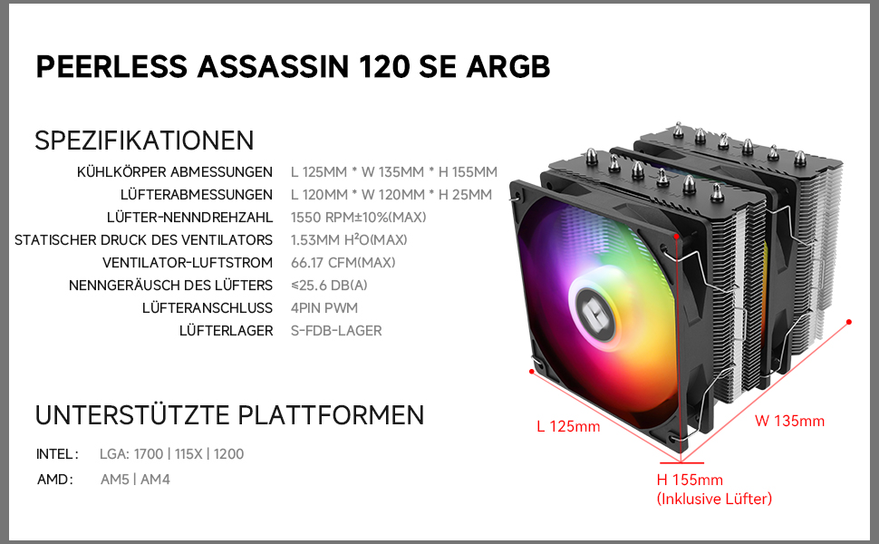 TR Peerless Assassin 120 SE ARGB: Кулер для CPU з RGB підсвічуванням, 6 heatpipes, Dual 120mm вентилятор, для AMD AM4/AM5 та Intel 1700/1150/1151/1200