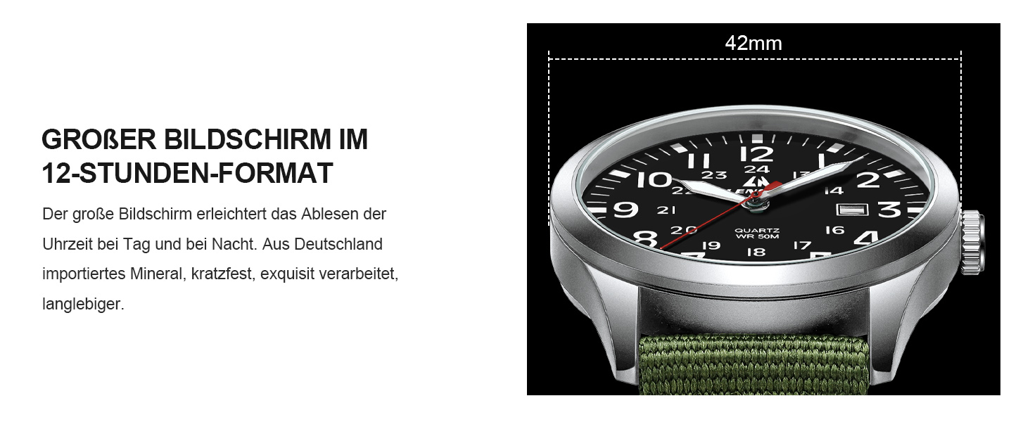 Годинники чоловічі LN LENQIN аналогові кварцові на нейлоновому ремінці, водостійкі 30M, з датою (зелені, срібні, чорні)