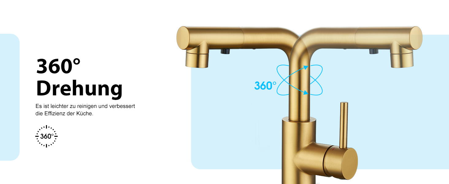 Кран кухонний CREA з 3 функціями: душ, висувний вилив, поворот на 360°, матовий золотий