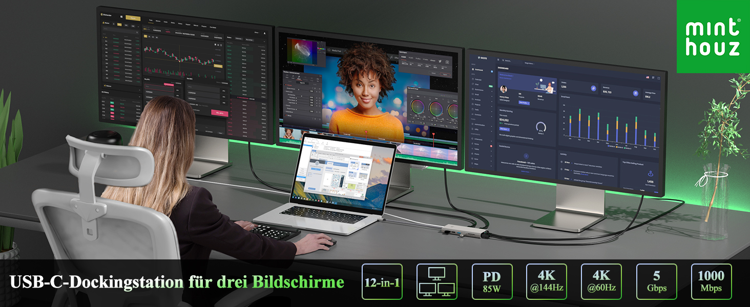 Док-станція Minthouz USB-C для HP, Lenovo, Dell: 12-в-1, 4xUSB, 8K@30Hz/4K@144Hz, 100W PD, Thunderbolt 3/4, 2.5G LAN, SD/TF, 3.5mm, для ноутбуків (Dual HDMI+DP)