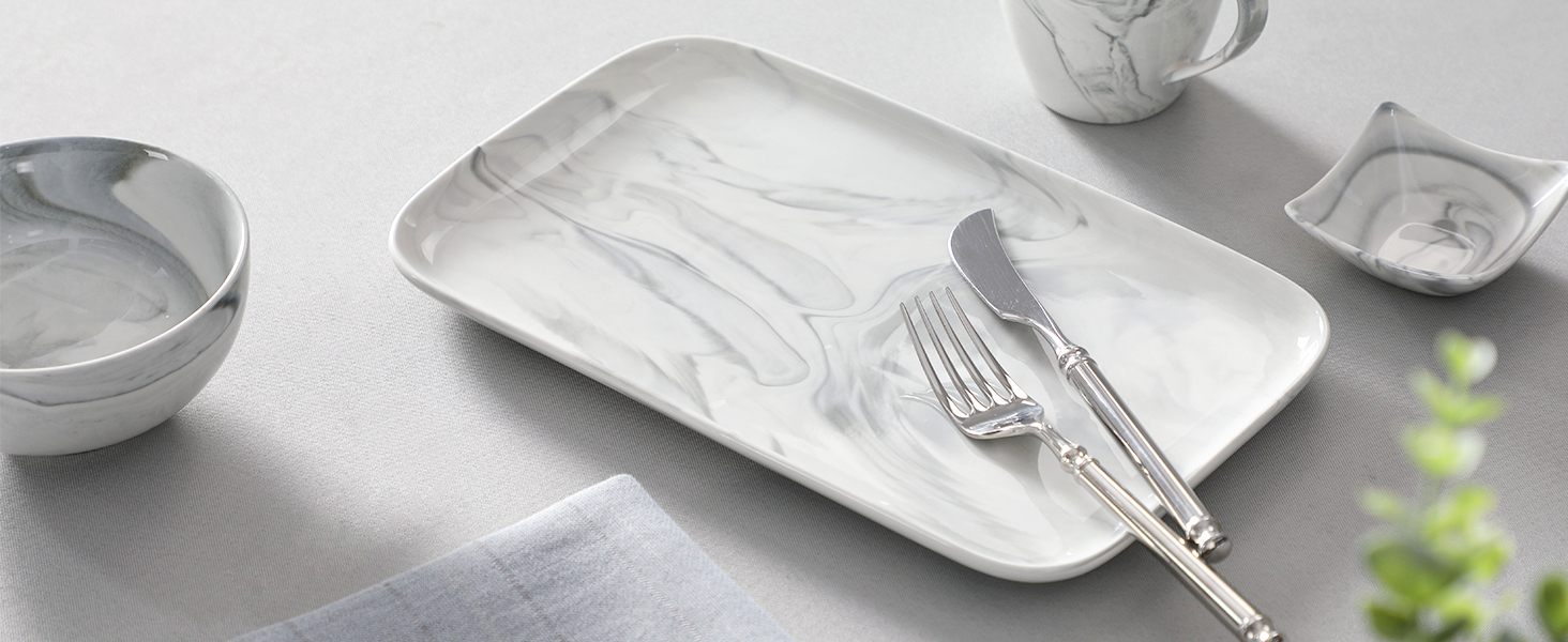 Сервірна таця MALACASA з порцеляни, набір 4 шт. прямокутна, 25 x 14 см, білий мармуровий колір. Ідеально для буфетів, суші, закусок та тортів вдома та в ресторані.