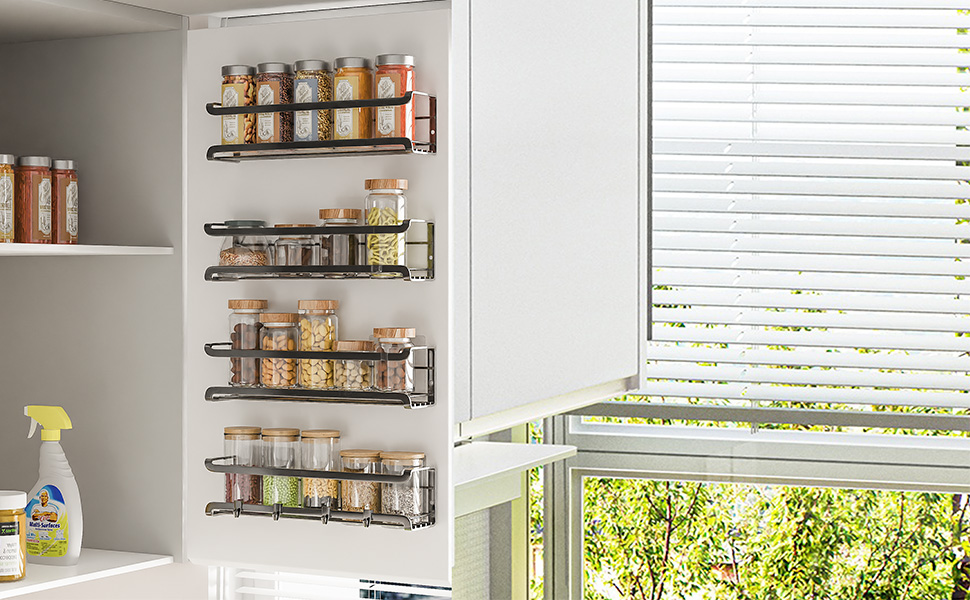 Стильна підставка для спецій на 4 відділення з металу, чорна, самоклеюча, без свердління, для кухонної шафи та дверей