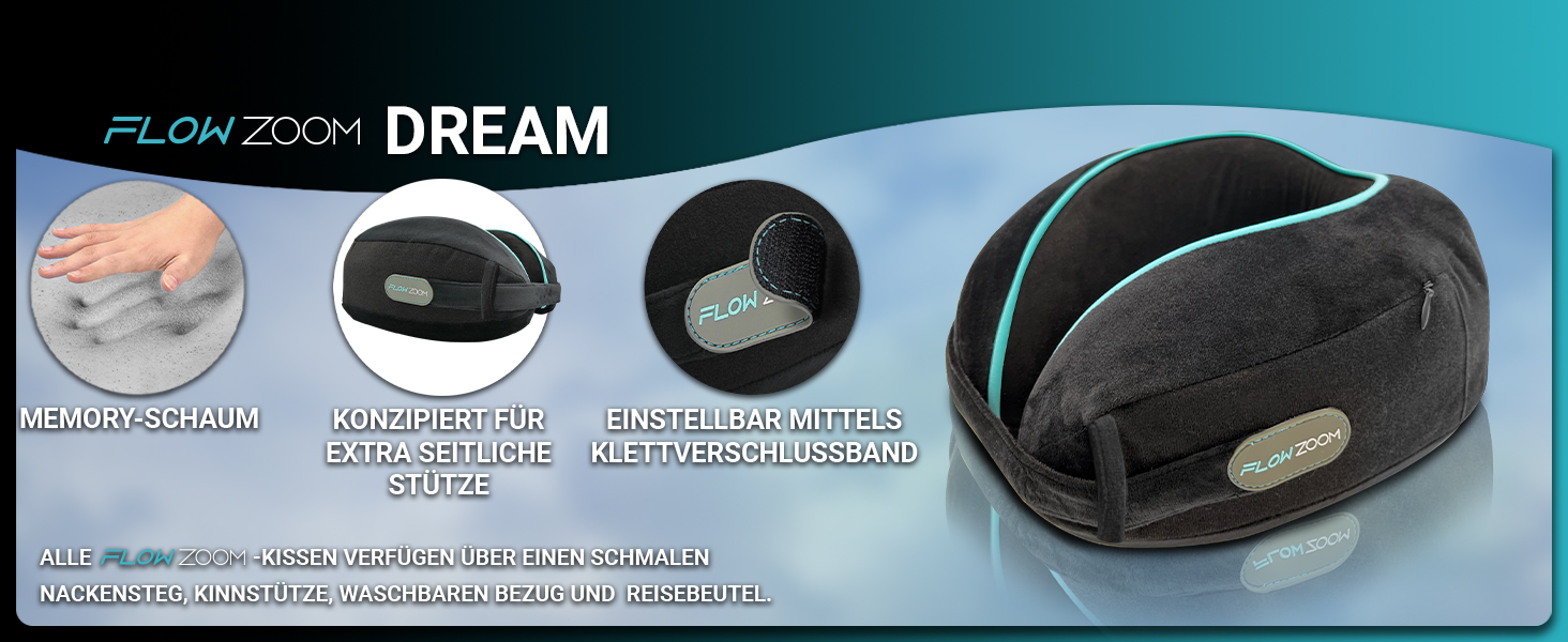 Подушка для шиї FLOWZOOM Comfy для подорожей: регульована, з memory foam, для автомобіля та літака, 360° підтримка, дихаючий чохол, з транспортним мішечком, сіра (Dream - чорна)