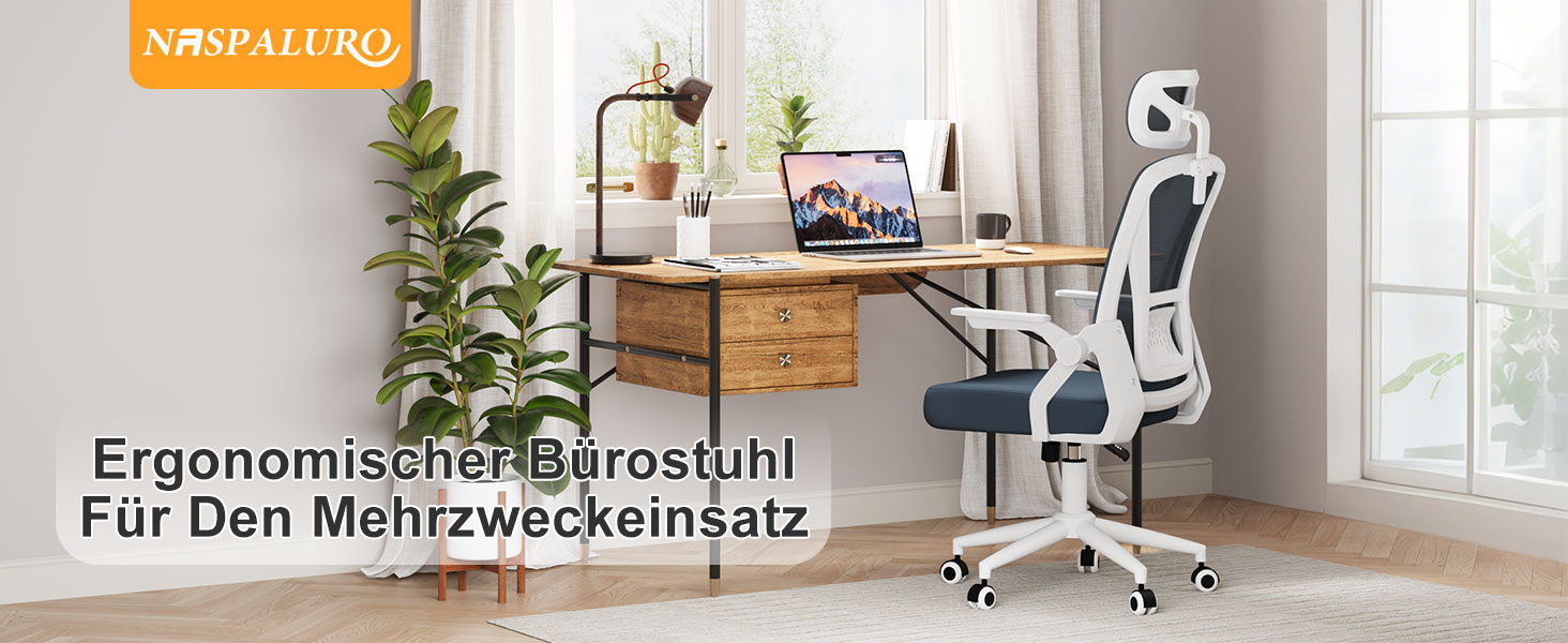 Офісний стіл Naspiro, ергономічне крісло з сітчастою спинкою, підтримка попереку, м'яке сидіння, регульована висота, для дому та офісу, сірий (темно-сірий, з підголовником)