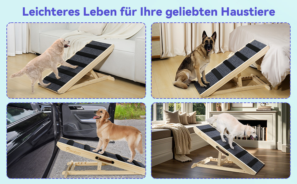 Pawaboo Рампа для собак, дерев'яна, регульована висота, 11.6'-22.4', до 65 кг, 100x40 см, для собак маленьких та середніх порід