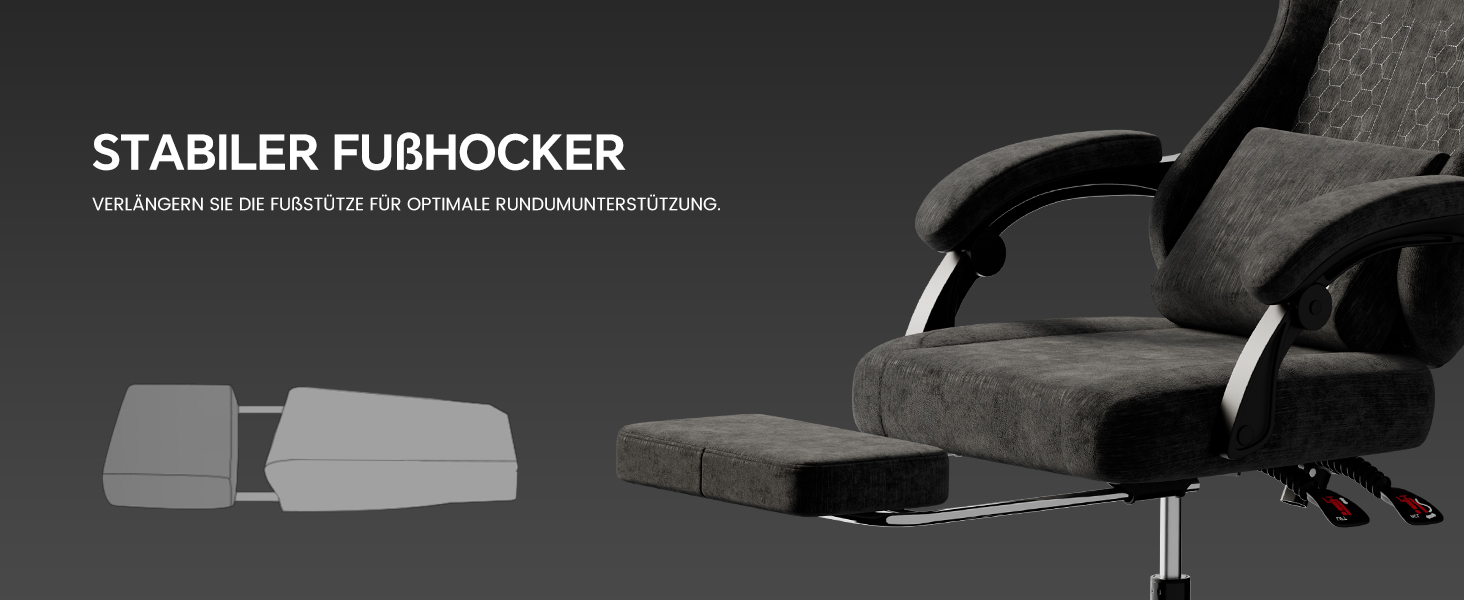 Ігрове крісло SUKIDA Ergonomic Pureblack: ергономічний офісний стілець з підскладною підставкою для ніг, підголівником та поперековою підтримкою, тканинна оббивка
