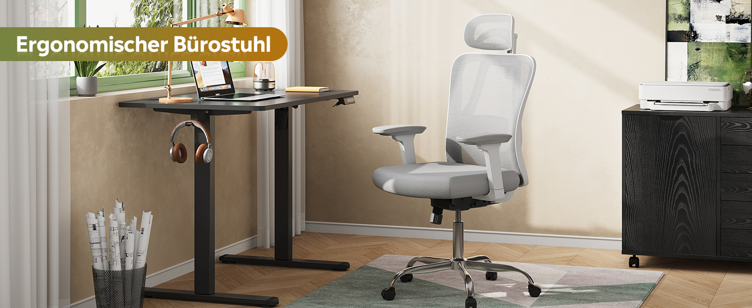 Офісне крісло Devaise: ергономічне крісло з регульованою спинкою, підголівником та поперековою підтримкою, 3D підлокітниками, 3-ступеневим нахилом та дихаючою сіткою для дому та офісу, біле