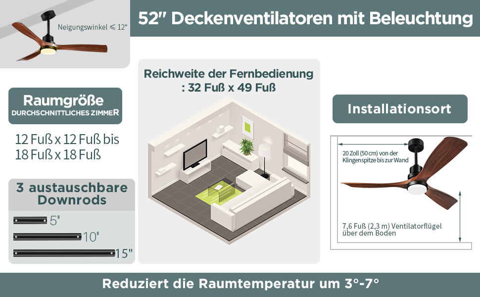 Стеляний вентилятор з підсвічуванням та пультом керування, тихий DC двигун, 132 см, 3 дерев'яних лопаті, таймер, 6 швидкостей, сертифікат ETL, режим літо/зима для спальні, коричневий