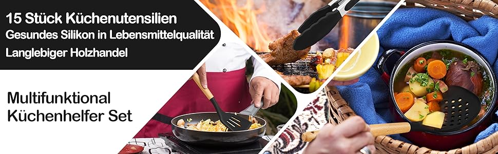 Набір кухонних аксесуарів Homikit 15 предметів з чорного силікону та дерев'яними ручками. Кухонний аксесуар, стійкий до високих температур, легко миється. З підставкою для аксесуарів.