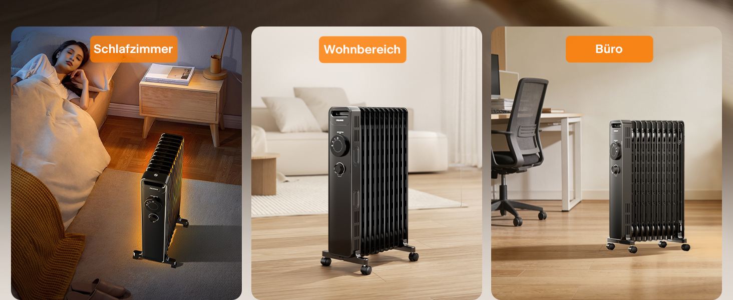 Масляний радіатор PELONIS 2300W з J-подібними ребрами, 3 режими нагріву, термостат, тихий, захист від перекидання, енергоефективність A, для спальні, вітальні, офісу, 11 ребер, чорний (без пульта)