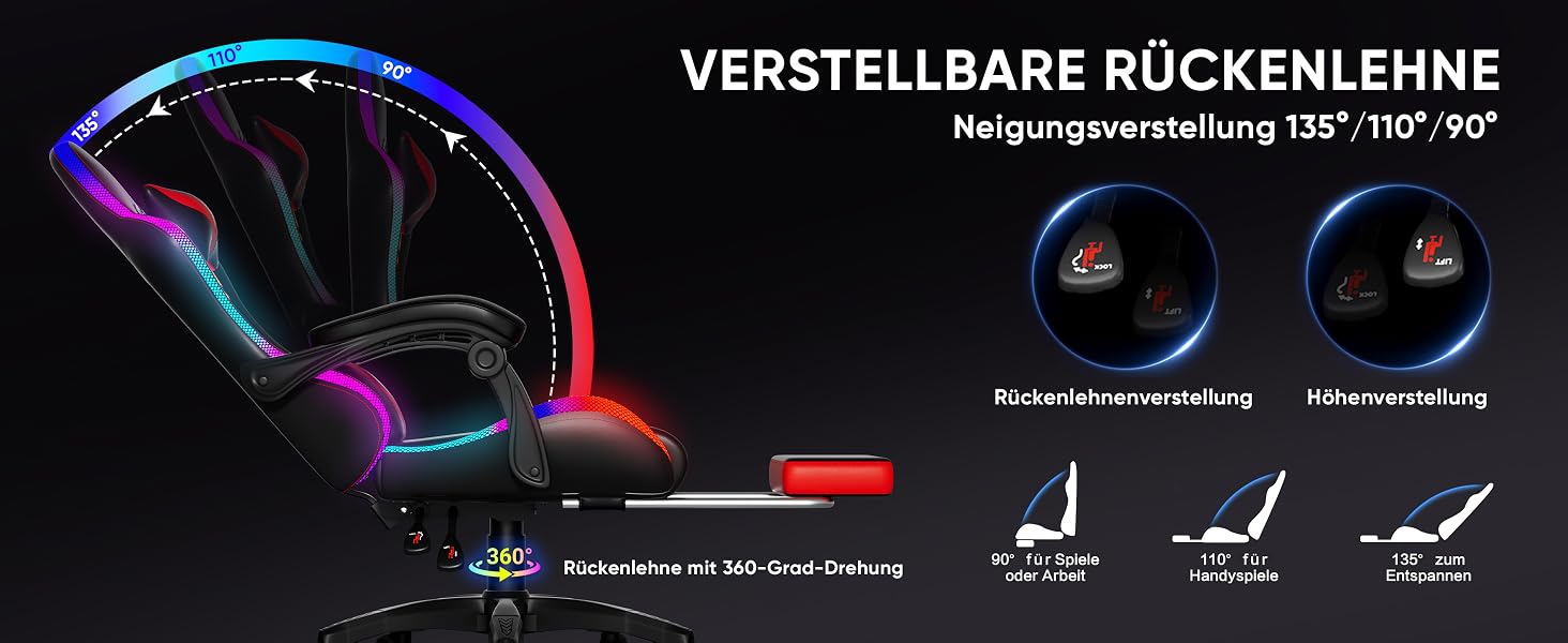 Геймерське крісло Czlolo RGB LED з підставкою для ніг, ергономічне офісне крісло для комп'ютера, блакитне (RGB-червоне)