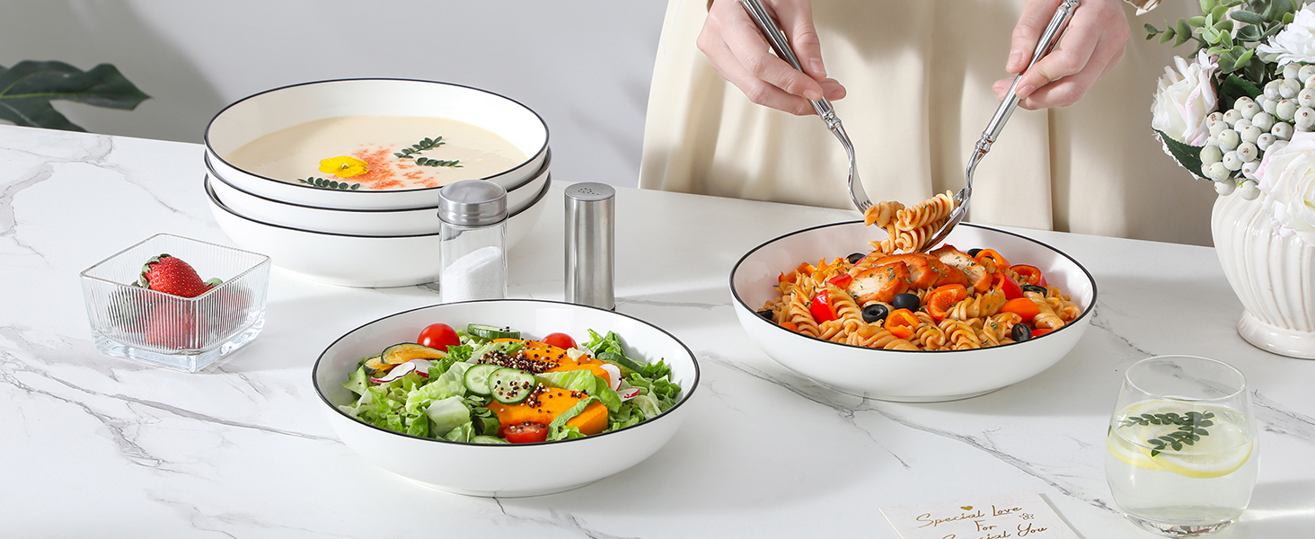 MALACASA Набір посуду 6 предметів: тарілки для пасти, супу, салату, сервірування. Глибокі тарілки для спагеті, велика супова миска. 1250 мл, білий з чорним обідком. Кераміка, преміум якість.