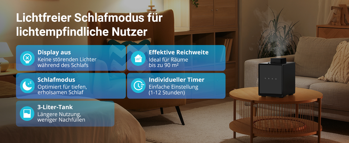 Зволожувач повітря для спальні та вітальні з верхнім заповненням, 3L, нержавіюча сталь, теплий туман, знищує 99,97% бактерій, з режимом сну, білий (чорний)