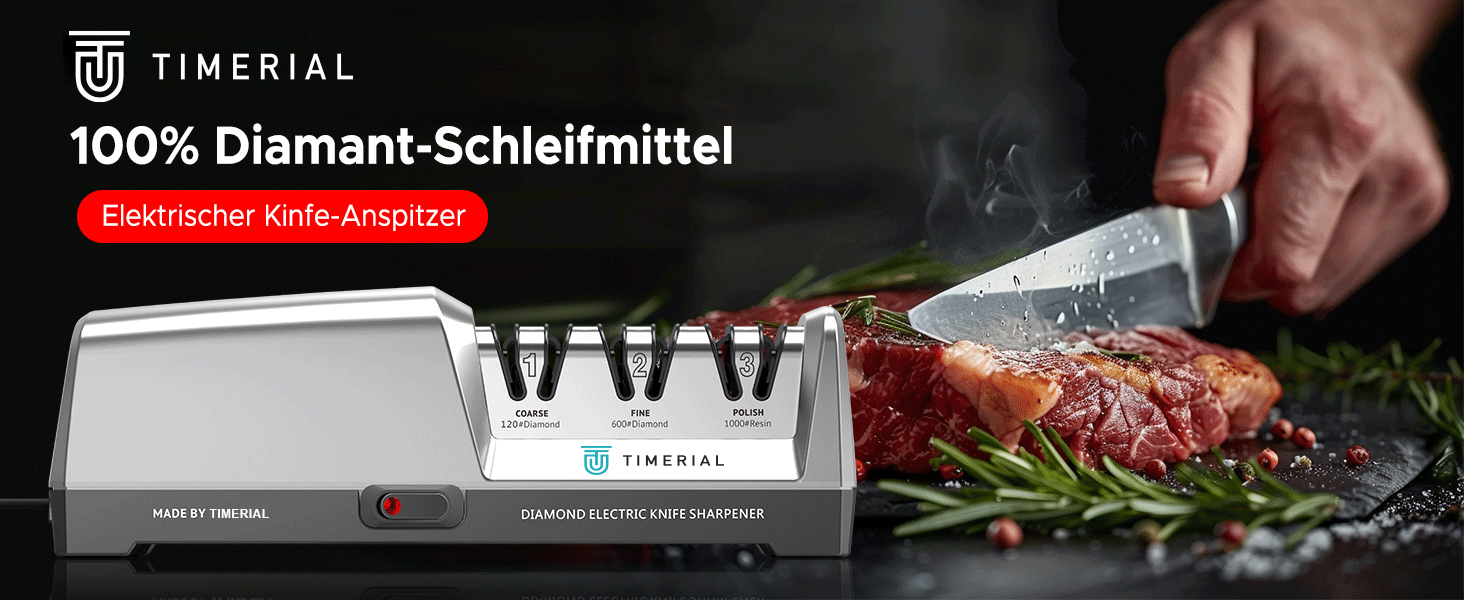 Електричний точило для ножів TIMERIAL з алмазними дисками 3-х ступенів, 15° кут, для сталевих кухонних ножів, 120/600/1000 grit