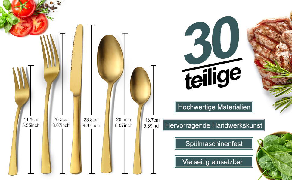 Набір столових приборів Bestdin 30 предметів з нержавіючої сталі, матове золото. Набір ножів, виделок, ложок для 6 осіб, посудомийна машина