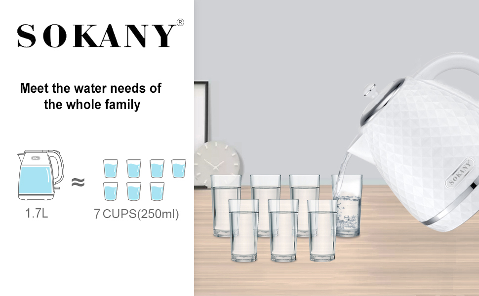 Електричний чайник SOKANY SK-1032, 2200W, 1.7L, з фільтром від накипу, автовимкненням, індикатором рівня води, поворотним підставою, чорний