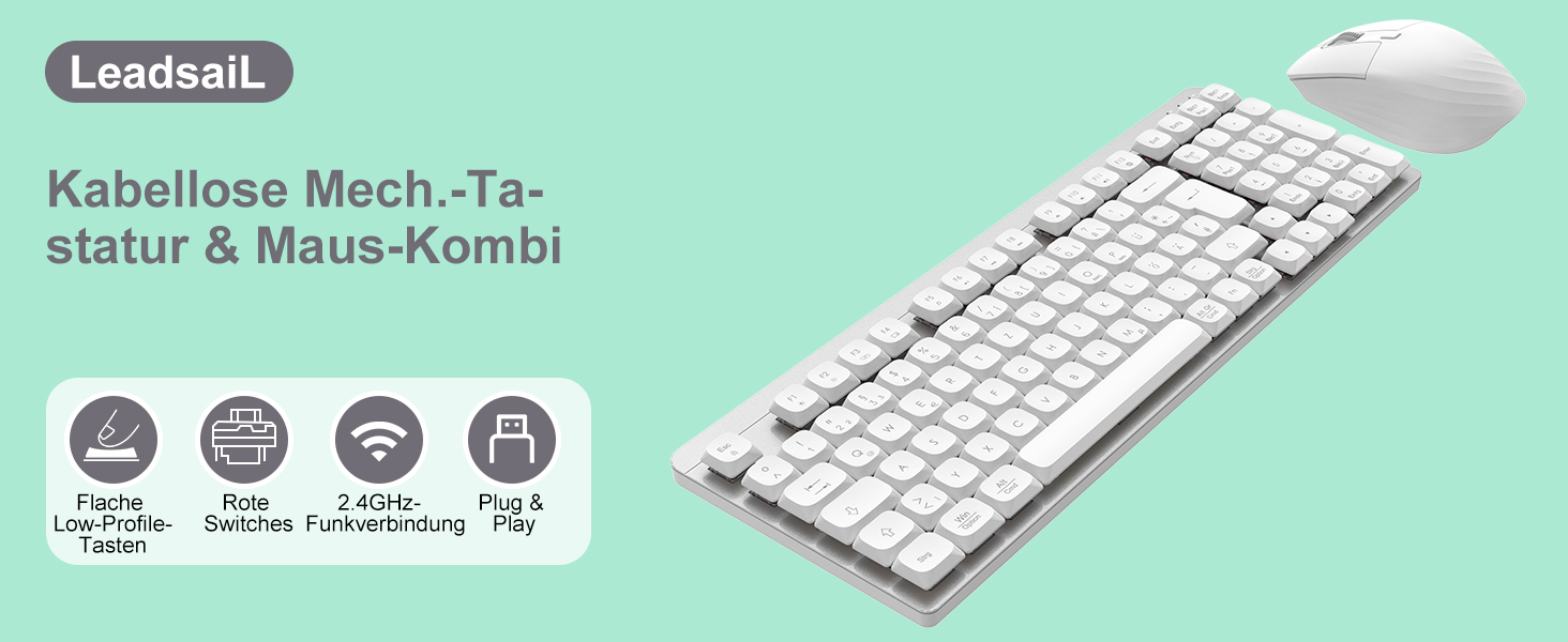 Механічна клавіатура та миша Leadsail FA98 бездротові, QWERTZ, 98 клавіш, низькопрофільний червоний перемикач, 1600 DPI, для Windows/MacOS/PC/Laptop (срібло)