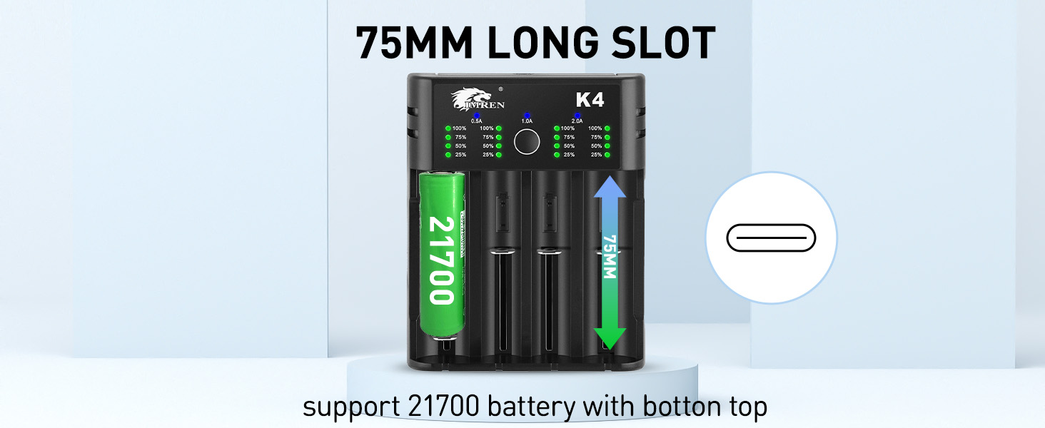 Зарядний пристрій IMREN 18650 з 4 слотами, 2A, USB-C для Li-Ion акумуляторів 18350, 14500, 14650, 17500, 18700, 20700, 21700, 22650, 26650, 1.2V NI-MH/NI-Cd AA AAA C