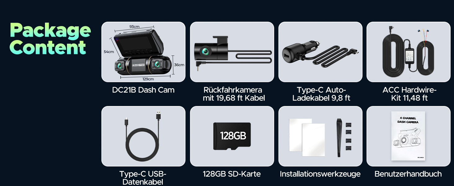 Відеореєстратор LAMTTO 360° з 4 камерами: передня, задня, внутрішня + паркувальний монітор. 5G WiFi, APP-керування, IR нічне бачення, комплект для підключення до акумулятора, SD-карта 128GB.