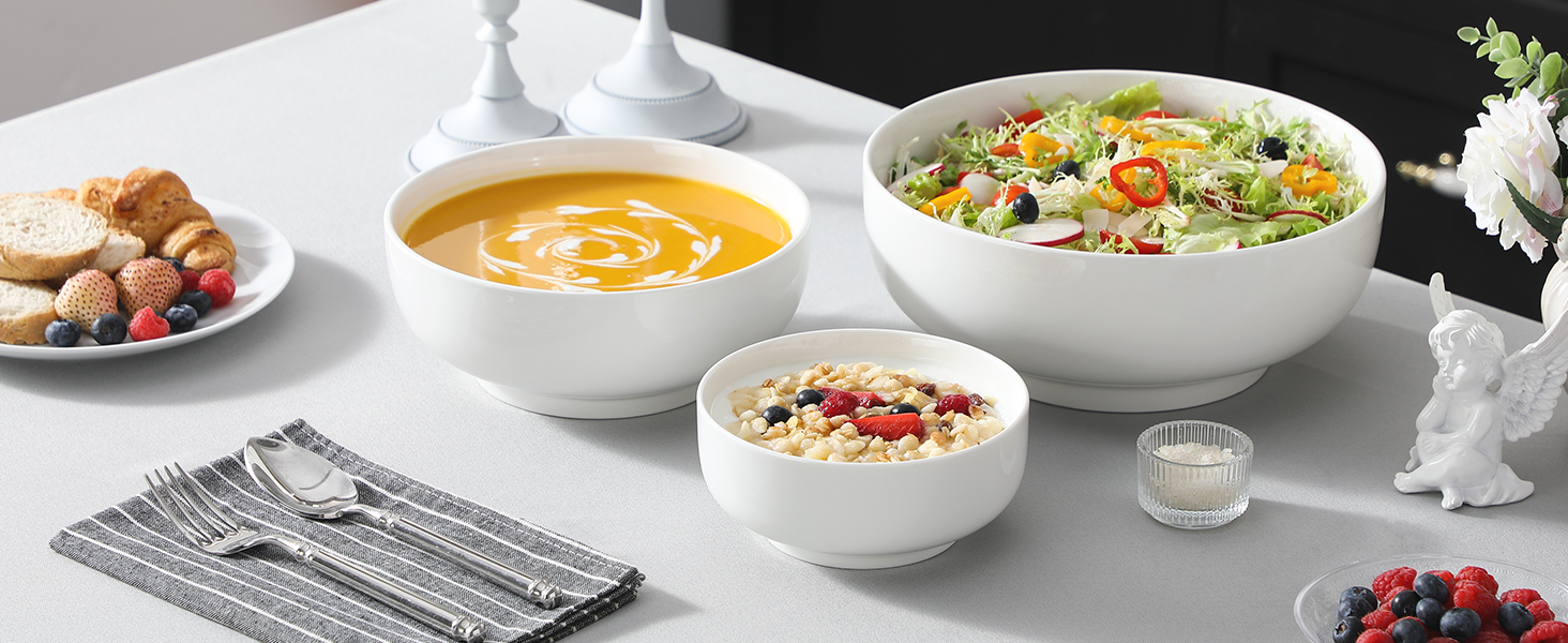 Набір супових та салатних мисок MALACASA Regular Weiß (3шт, 3.4л, 1.8л, 0.8л) з порцеляни. Ідеально для супу, салату, рамену, фруктів та мюслі.
