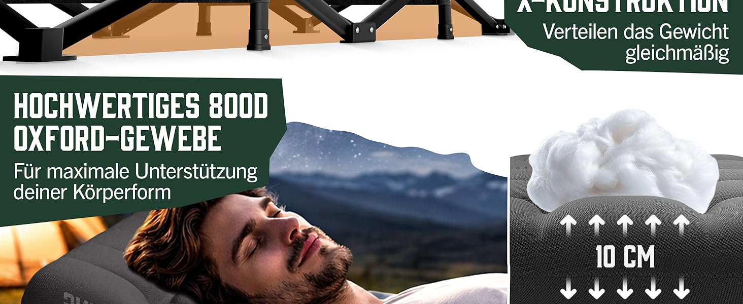 Ліжко кемпінгове розкладне ELONEO NEU Преміум з навантаженням до 200 кг | Гостьове ліжко, лежак для відпочинку в приміщенні та на вулиці | З сумкою для транспортування (Антрацит)