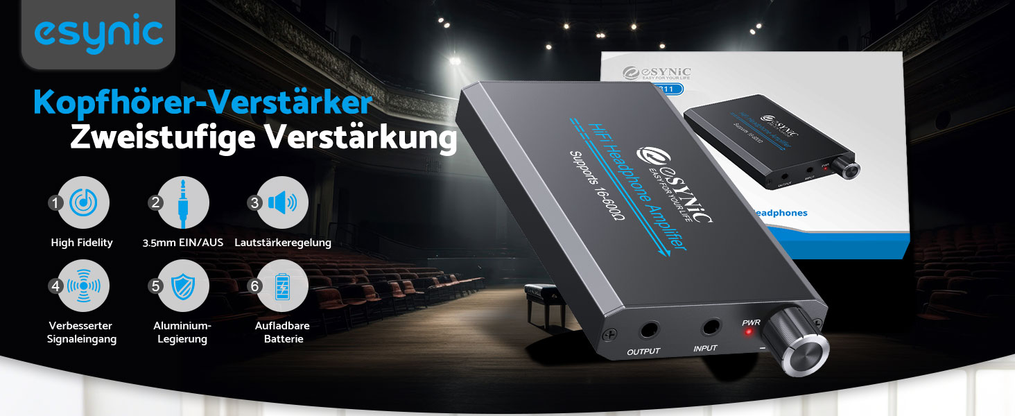 eSynic Підсилювач для навушників HiFi – портативний, з акумулятором 1000mAh, для MP3/MP4/Smartphone/PC, 16-600 Ом, 3.5mm AUX, алюмінієвий корпус