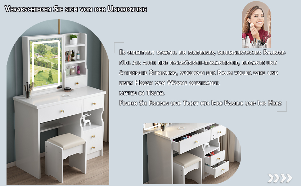 Туалетний столик Saalu з LED підсвіткою, дзеркалом, регульованою яскравістю, 5 шухлядами, 3 полицями, з пуфом, сучасний косметичний стіл з дерева, білий (T68)