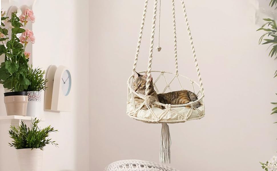 Крісло-гойдалка для кота, гамак-гойдалка Boho з макраме, ліжко для кота з гачком та знімним подушкою для саду, тераси, балкону, вітальні