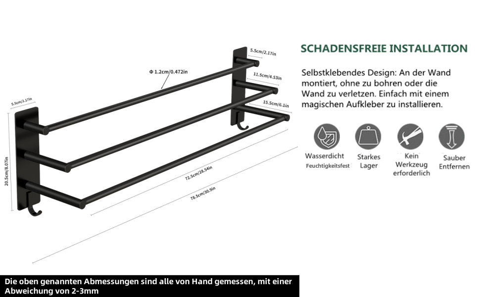 Тримач для рушників Vista з 3-ма перекладинами без свердління, SUS304 нержавіюча сталь, сріблястий, з двома гачками, 75 см, для кухні, ванної, спальні
