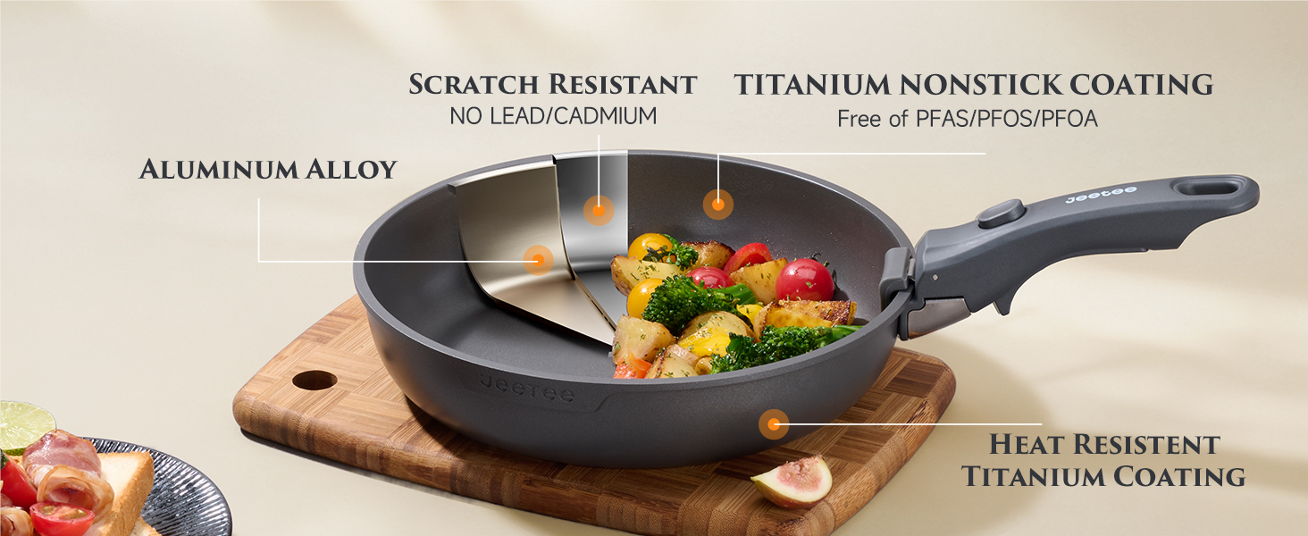 Набір посуду JEETEE 20 предметів з антипригарним титановим покриттям та знімною ручкою, для індукційних плит, з кришками, сірий