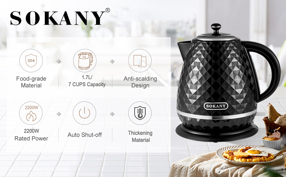 SOKANY SK-1032 Electric Kettle - 1.7L, 2200W, Auto Shut-Off, 360° Swivel Base, Removable Scale Filter, Black