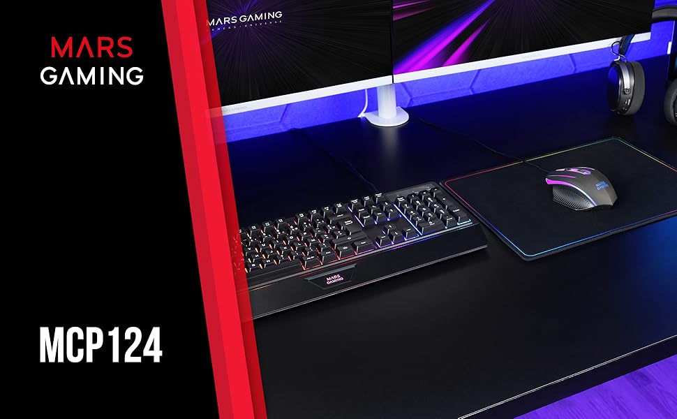 Ігровий комбо MARSGAMING MCP124: Клавіатура H-Mech LED RGB, Миша 3200DPI з HUANO Switches, Килимок Nanotextil 360x260mm, Підтримка Multiplatform, Іспанська розкладка, Чорний колір