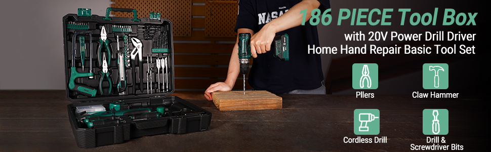 Набір інструментів DEKO 186 шт. з акумуляторною дриль-шуруповертом 20V (зелений)