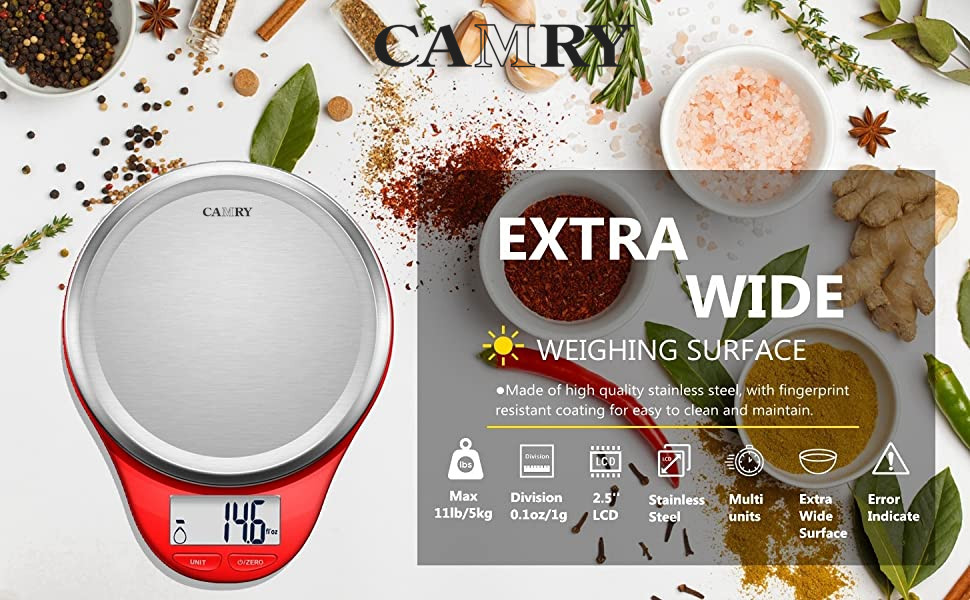 Кухонні ваги Camry: цифрова вага з нержавіючої сталі з LCD дисплеєм, точність 1г, максимальна вага 5кг, функція тарування, автовимкнення (червоний)