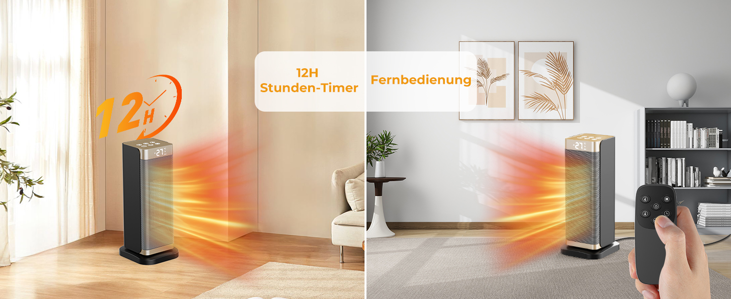 Електричний обігрівач 2000W з економним споживанням, тихий, 3 режими, PTC кераміка, швидкий нагрів, ECO режим, пульт ДУ, таймер 12H, поворот 70°, для офісу, спальні, ванної кімнати, золотий